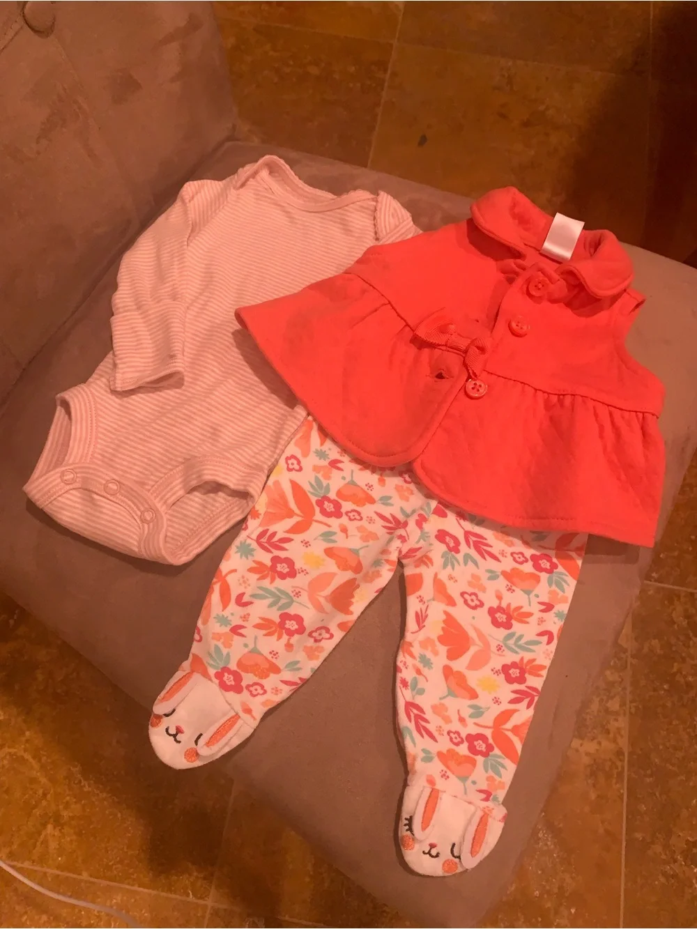 Baby Girls Newborn Footed Pants and Coral Vest and Onesie Outfit